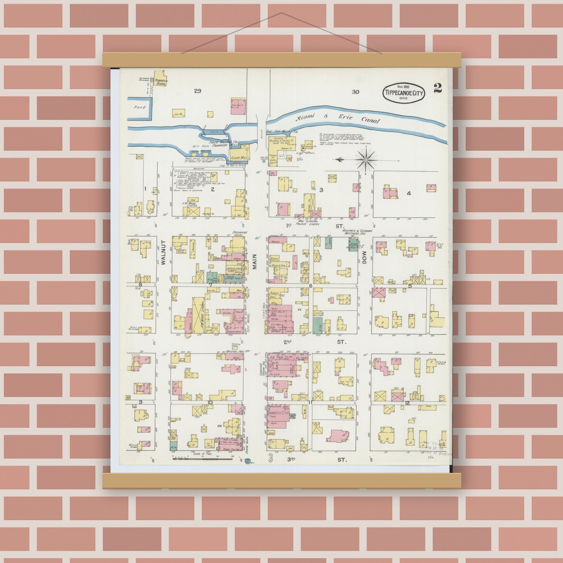 Old map wall art mockup — magnetic wood frame on brick wall — Sanborn Fire Insurance Map from Tipp City, Miami County, Ohio (1892), Sheet #0002