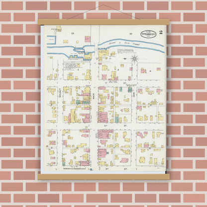 Old map wall art mockup — magnetic wood frame on brick wall — Sanborn Fire Insurance Map from Tipp City, Miami County, Ohio (1892), Sheet #0002