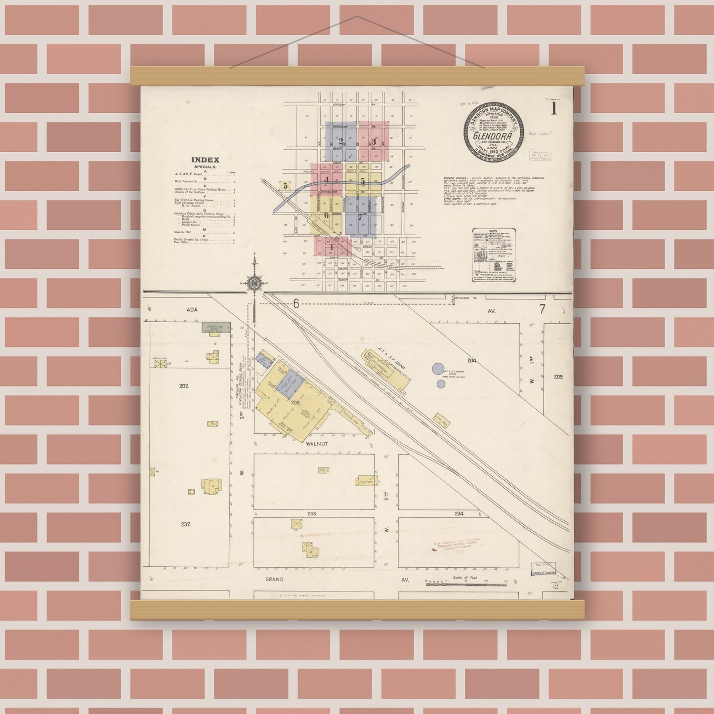 Old map wall art mockup — magnetic wood frame on brick wall — Sanborn Fire Insurance Map from Glendora, Los Angeles County, California (1910) - Complete Map Set