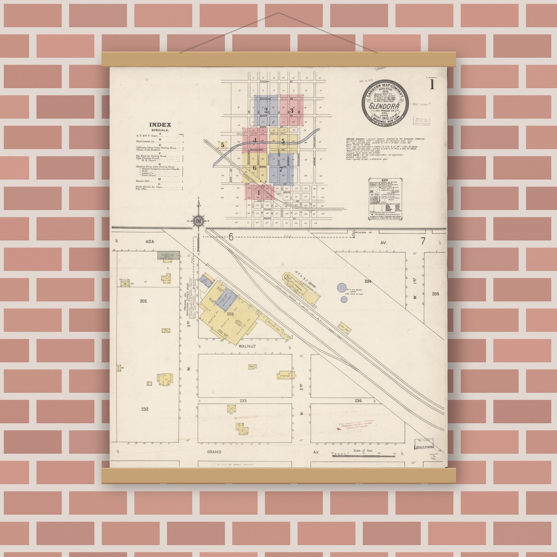 Old map wall art mockup — magnetic wood frame on brick wall — Sanborn Fire Insurance Map from Glendora, Los Angeles County, California (1910) - Complete Map Set