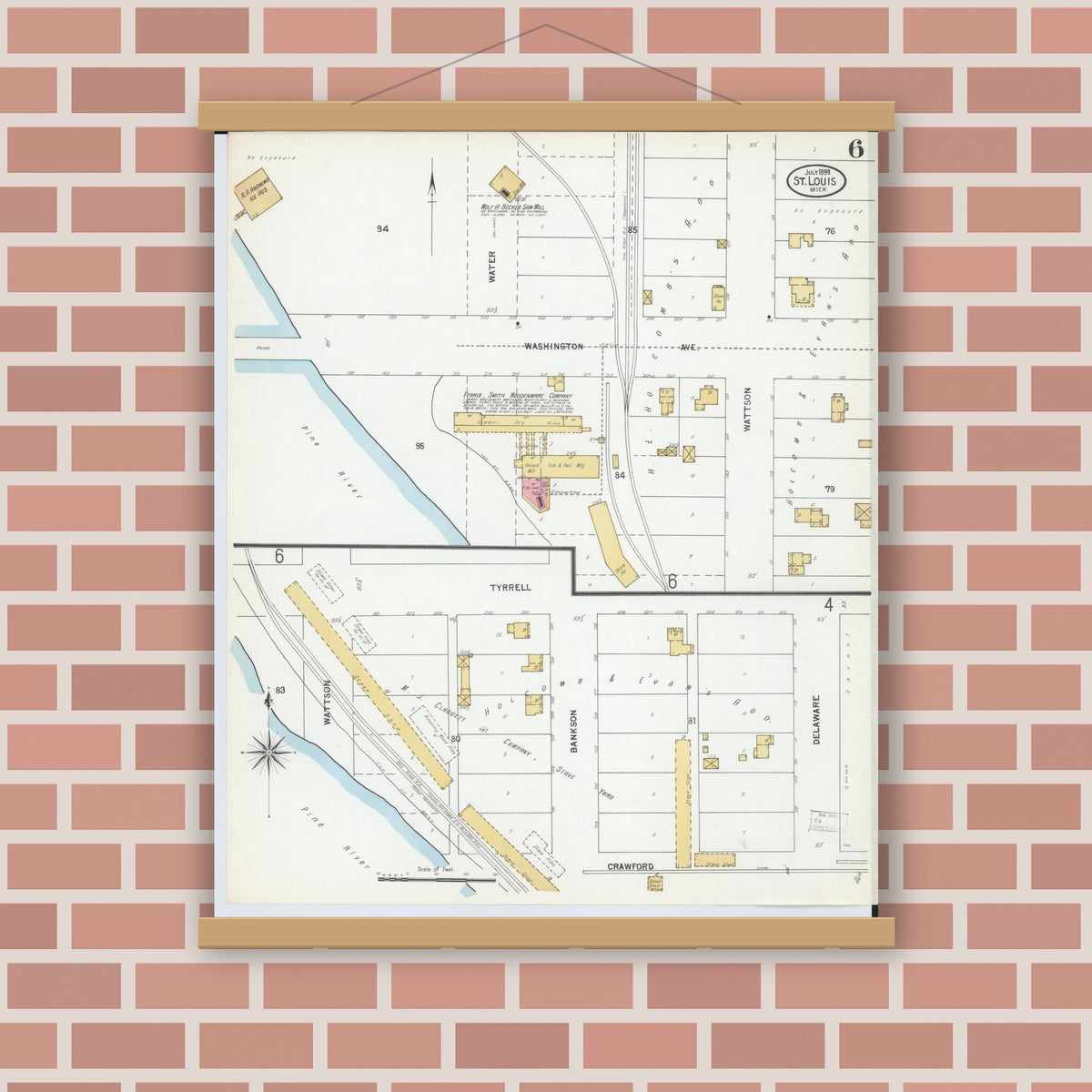 Old map wall art mockup — magnetic wood frame on brick wall — Sanborn Fire Insurance Map from Saint Louis, Gratiot County, Michigan (1899), Sheet #0006