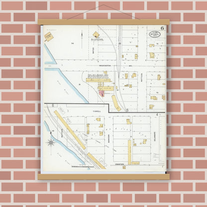 Old map wall art mockup — magnetic wood frame on brick wall — Sanborn Fire Insurance Map from Saint Louis, Gratiot County, Michigan (1899), Sheet #0006
