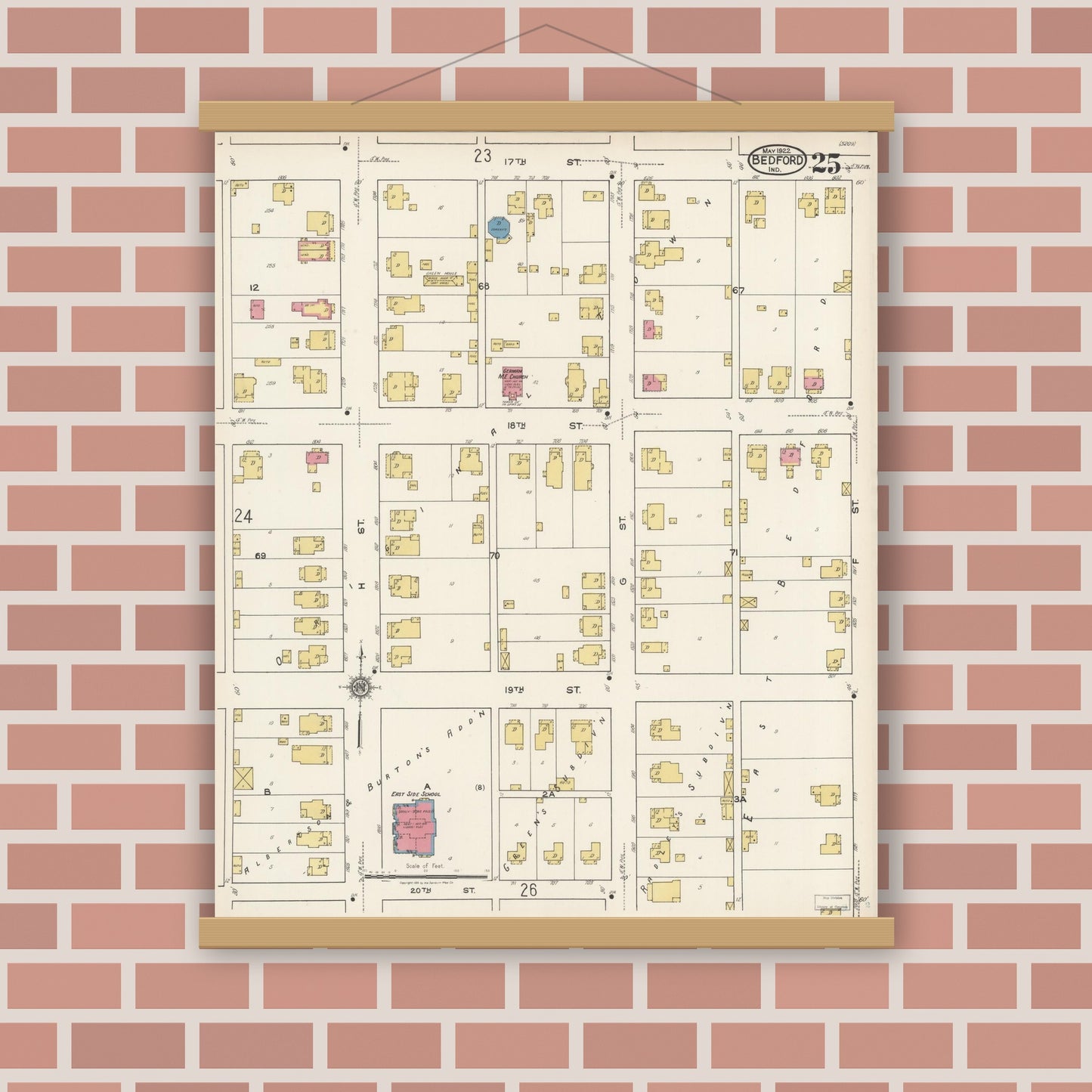 Old map wall art mockup — magnetic wood frame on brick wall — Sanborn Fire Insurance Map from Bedford, Lawrence County, Indiana (1922), Sheet #0025