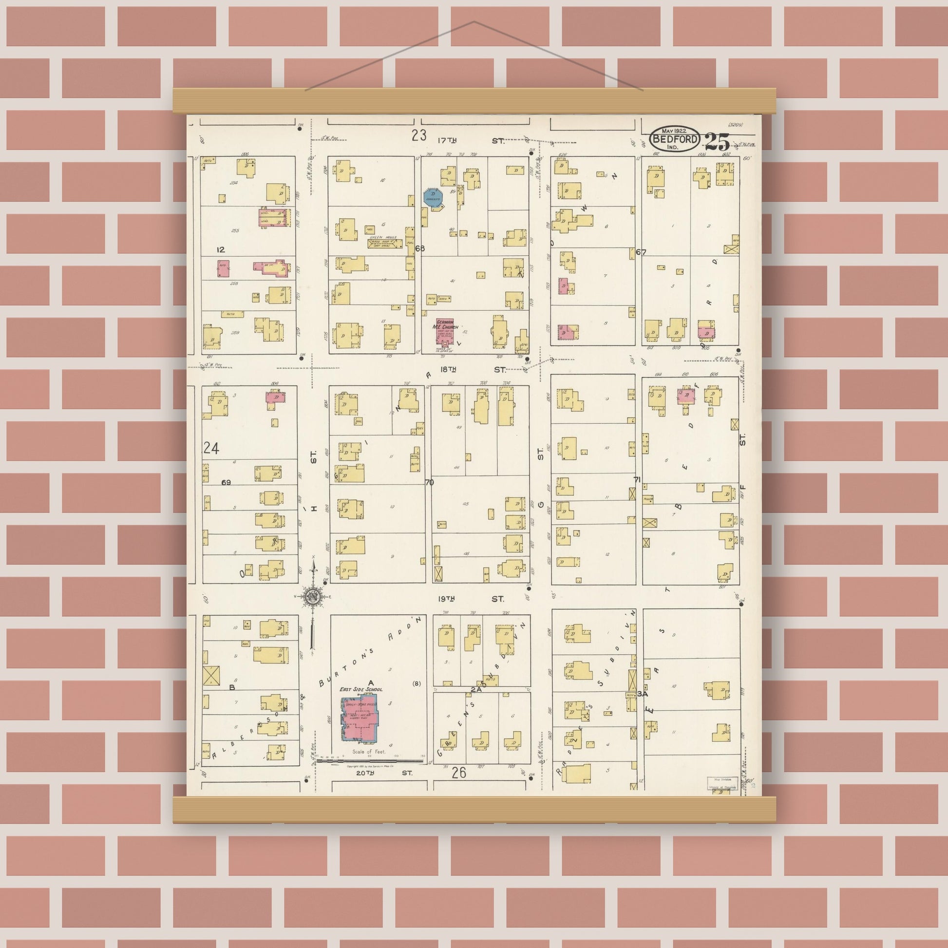 Old map wall art mockup — magnetic wood frame on brick wall — Sanborn Fire Insurance Map from Bedford, Lawrence County, Indiana (1922), Sheet #0025