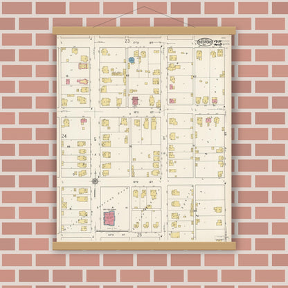 Old map wall art mockup — magnetic wood frame on brick wall — Sanborn Fire Insurance Map from Bedford, Lawrence County, Indiana (1922), Sheet #0025