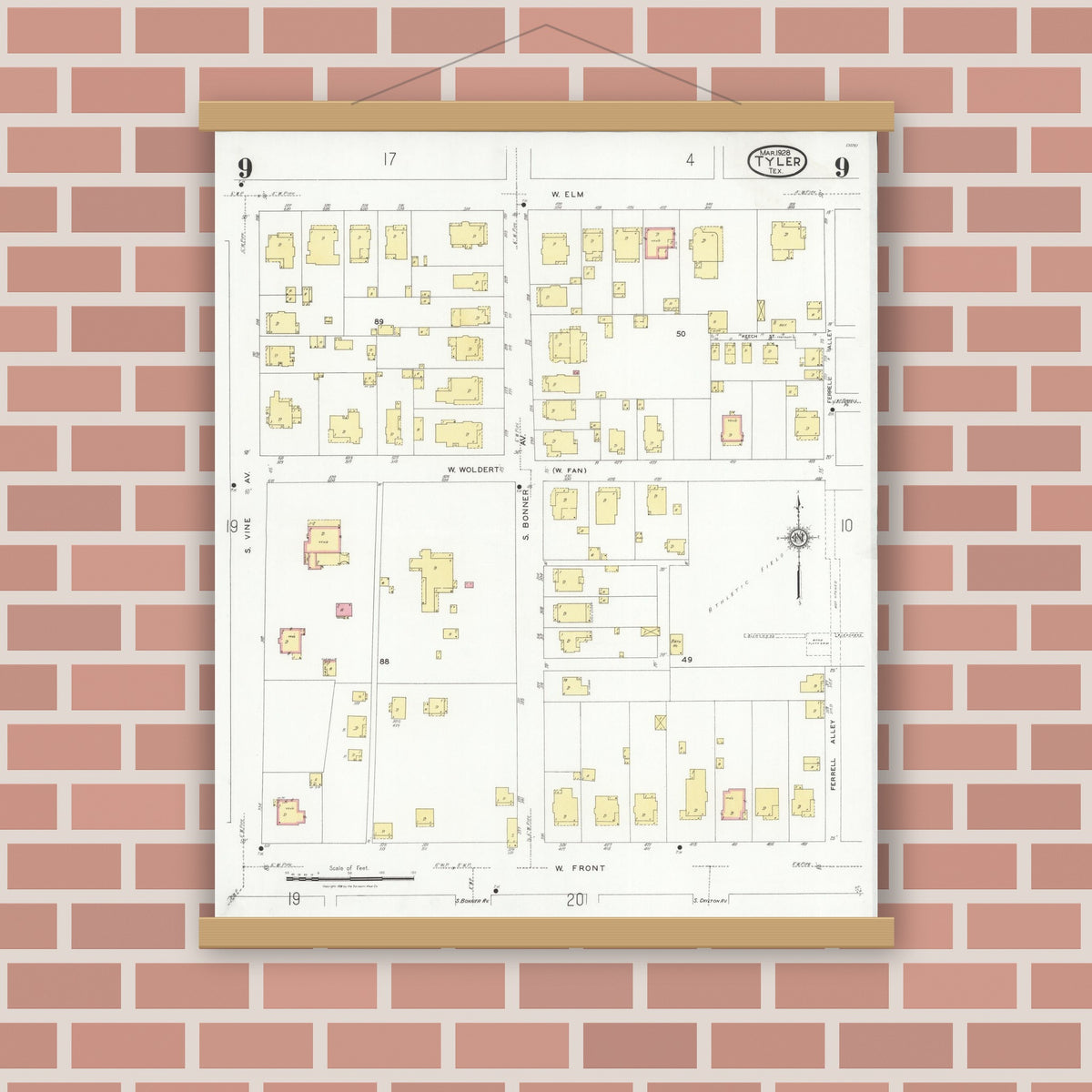 Old map wall art mockup — magnetic wood frame on brick wall — Sanborn Fire Insurance Map from Tyler, Smith County, Texas (1928), Sheet #0009