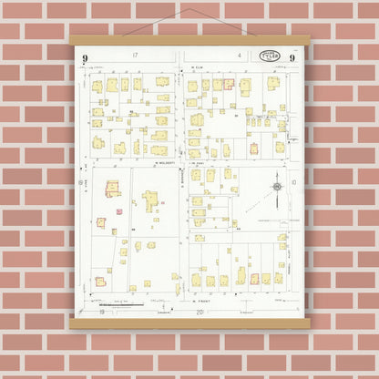 Old map wall art mockup — magnetic wood frame on brick wall — Sanborn Fire Insurance Map from Tyler, Smith County, Texas (1928), Sheet #0009