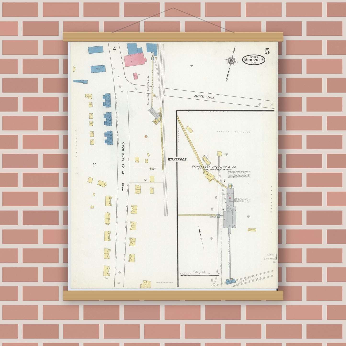 Old map wall art mockup — magnetic wood frame on brick wall — Sanborn Fire Insurance Map from Mineville, Essex County, New York (1916), Sheet #0005