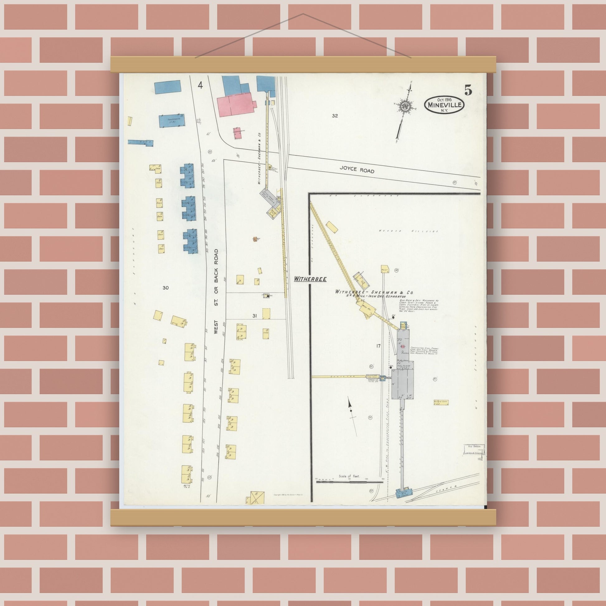 Old map wall art mockup — magnetic wood frame on brick wall — Sanborn Fire Insurance Map from Mineville, Essex County, New York (1916), Sheet #0005
