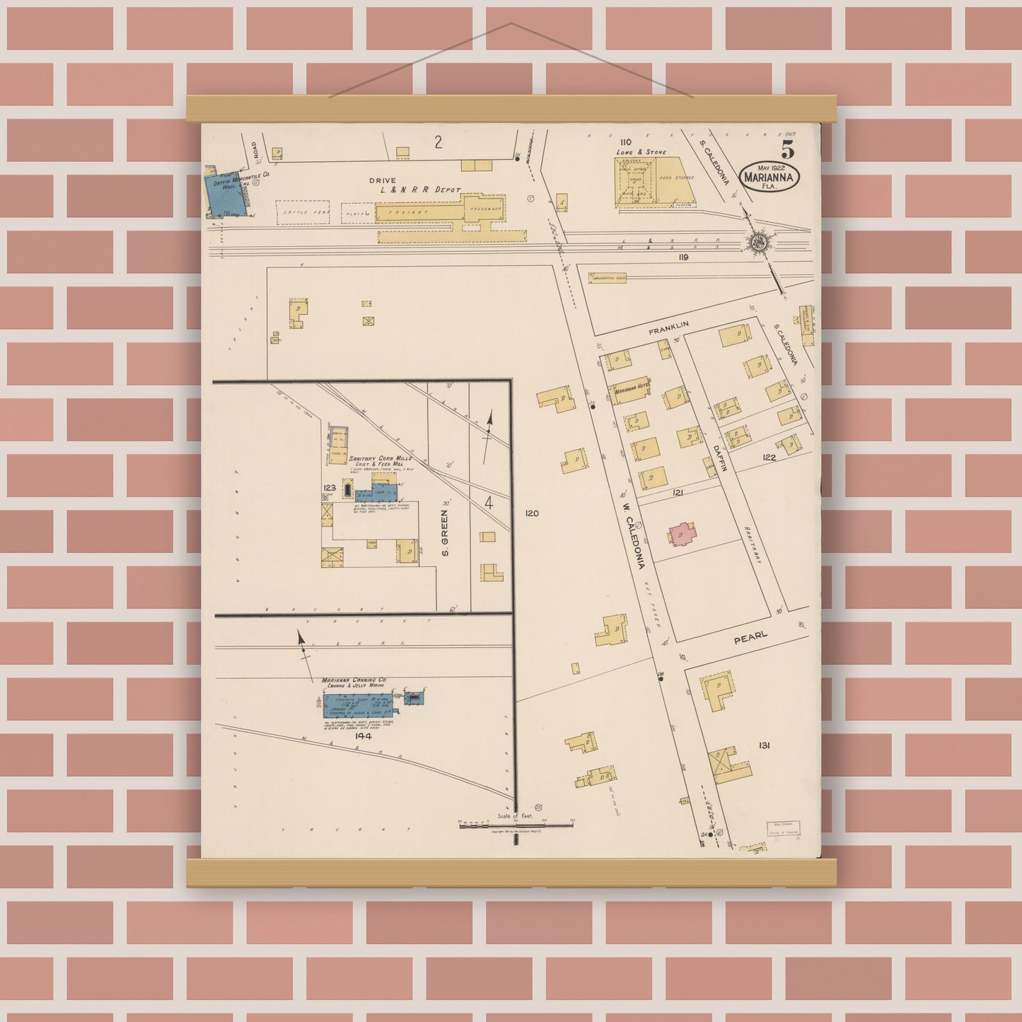 Old map wall art mockup — magnetic wood frame on brick wall — Sanborn Fire Insurance Map from Marianna, Jackson County, Florida (1922), Sheet #0005