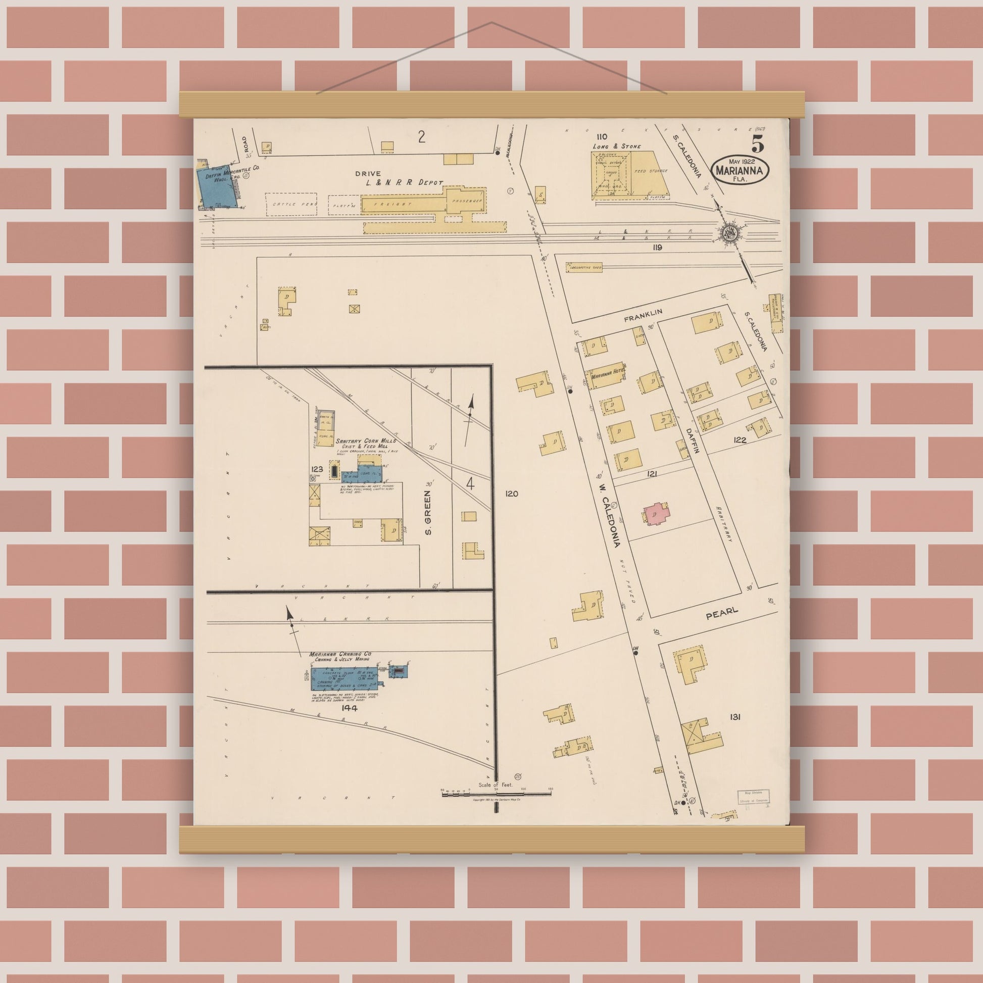 Old map wall art mockup — magnetic wood frame on brick wall — Sanborn Fire Insurance Map from Marianna, Jackson County, Florida (1922), Sheet #0005