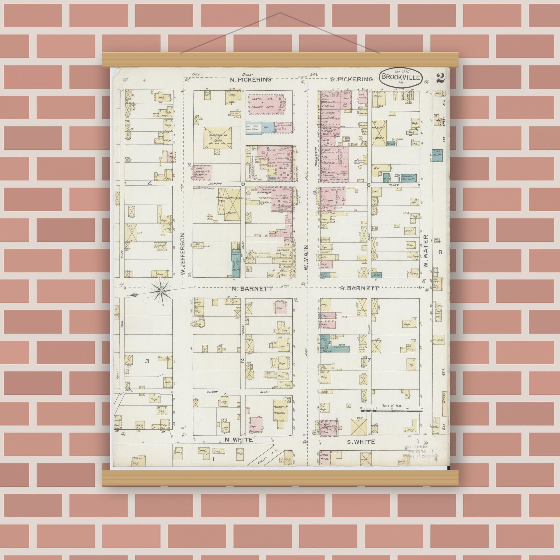 Old map wall art mockup — magnetic wood frame on brick wall — Sanborn Fire Insurance Map from Brookville, Jefferson County, Pennsylvania (1887), Sheet #0002