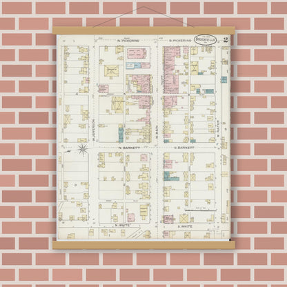 Old map wall art mockup — magnetic wood frame on brick wall — Sanborn Fire Insurance Map from Brookville, Jefferson County, Pennsylvania (1887), Sheet #0002