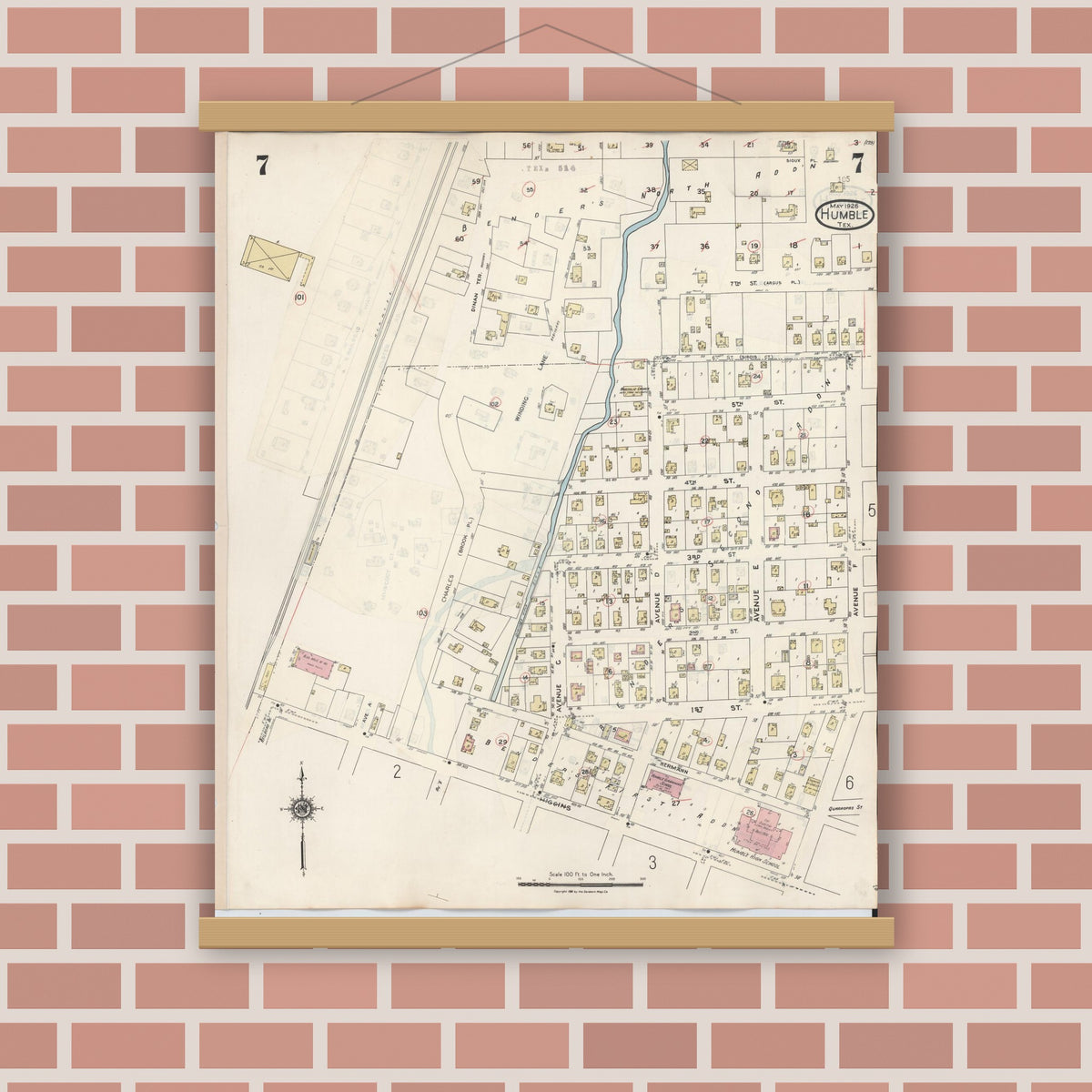 Old map wall art mockup — magnetic wood frame on brick wall — Sanborn Fire Insurance Map from Humble, Harris County, Texas (1940), Sheet #0007
