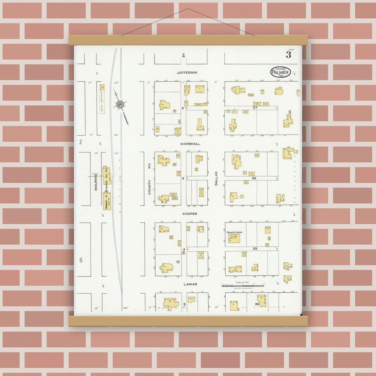 Old map wall art mockup — magnetic wood frame on brick wall — Sanborn Fire Insurance Map from Palmer, Ellis County, Texas (1921), Sheet #0003