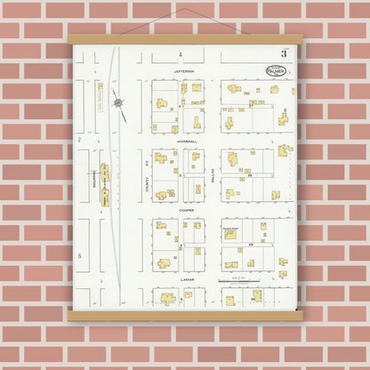 Old map wall art mockup — magnetic wood frame on brick wall — Sanborn Fire Insurance Map from Palmer, Ellis County, Texas (1921), Sheet #0003