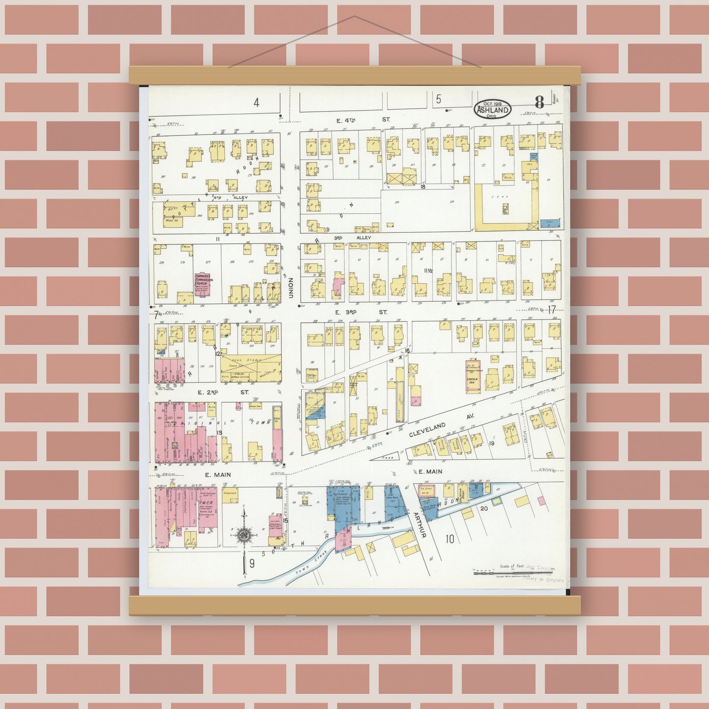 Old map wall art mockup — magnetic wood frame on brick wall — Sanborn Fire Insurance Map from Ashland, Ashland County, Ohio (1919), Sheet #0008