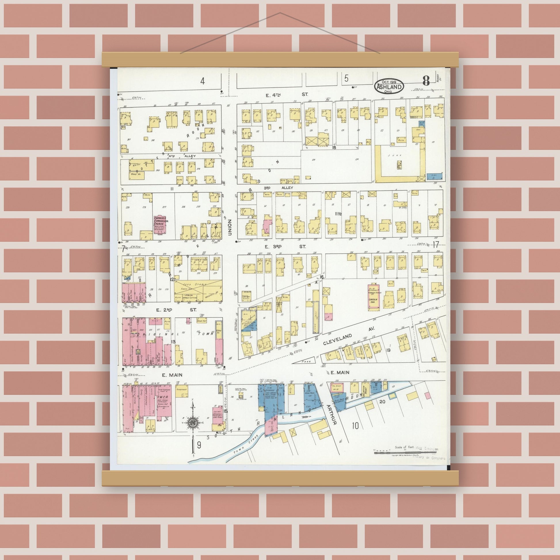 Old map wall art mockup — magnetic wood frame on brick wall — Sanborn Fire Insurance Map from Ashland, Ashland County, Ohio (1919), Sheet #0008