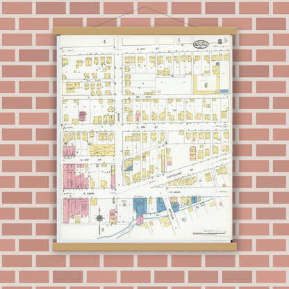 Old map wall art mockup — magnetic wood frame on brick wall — Sanborn Fire Insurance Map from Ashland, Ashland County, Ohio (1919), Sheet #0008