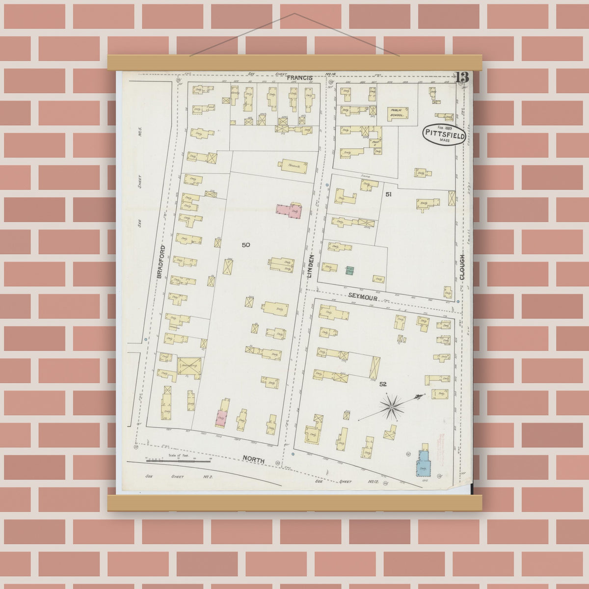 Old map wall art mockup — magnetic wood frame on brick wall — Sanborn Fire Insurance Map from Pittsfield, Berkshire County, Massachusetts (1889), Sheet #0013