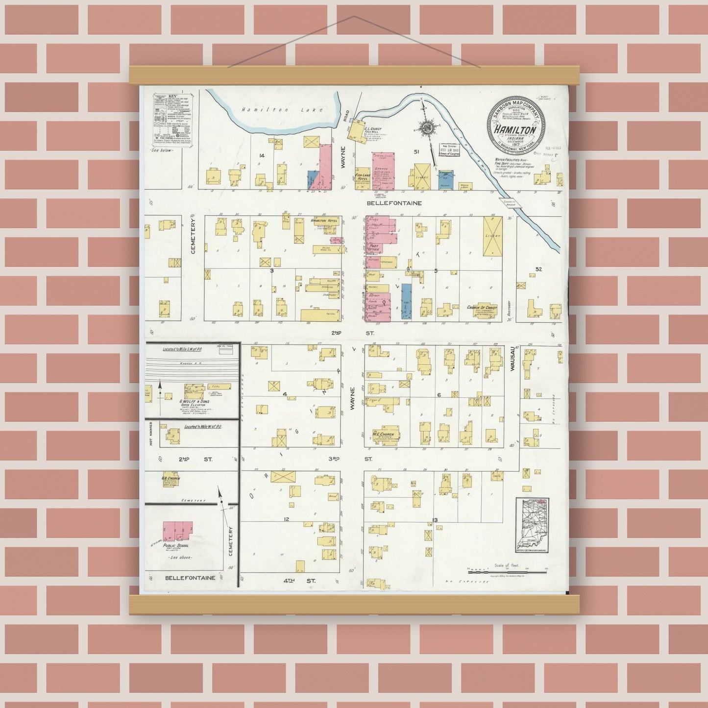 Old map wall art mockup — magnetic wood frame on brick wall — Sanborn Fire Insurance Map from Hamilton, Steuben County, Indiana (1917), Sheet #0001