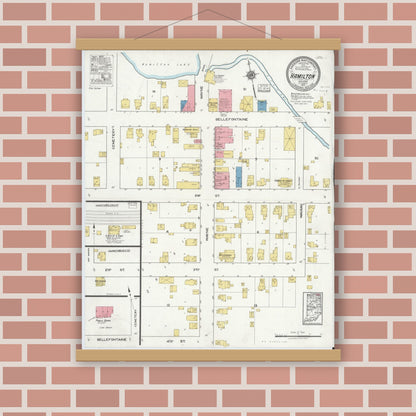 Old map wall art mockup — magnetic wood frame on brick wall — Sanborn Fire Insurance Map from Hamilton, Steuben County, Indiana (1917), Sheet #0001