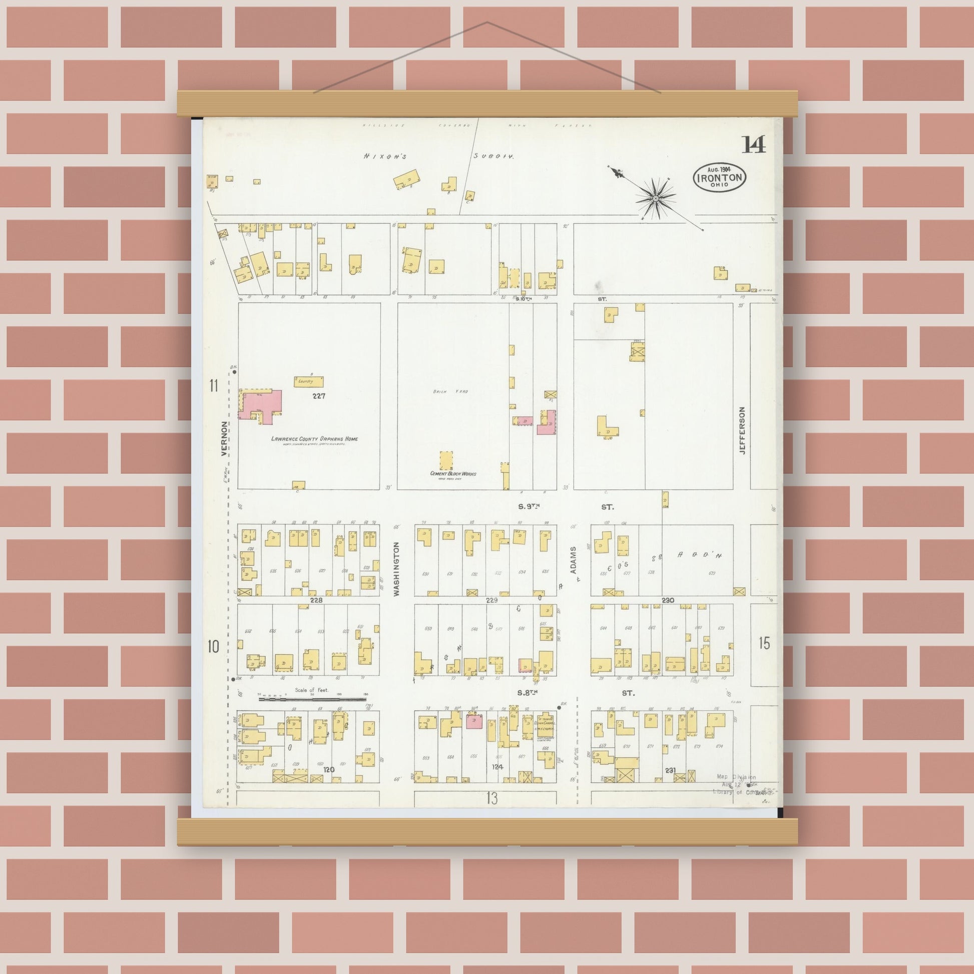 Old map wall art mockup — magnetic wood frame on brick wall — Sanborn Fire Insurance Map from Ironton, Lawrence County, Ohio (1904), Sheet #0014