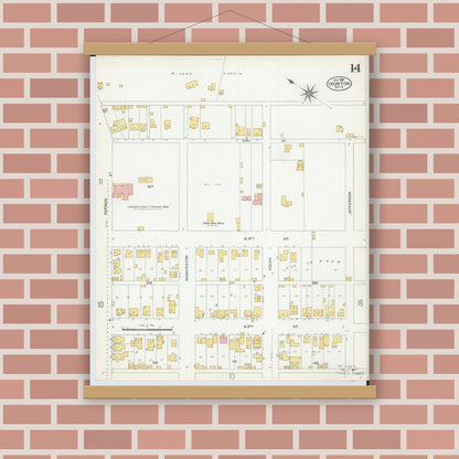Old map wall art mockup — magnetic wood frame on brick wall — Sanborn Fire Insurance Map from Ironton, Lawrence County, Ohio (1904), Sheet #0014