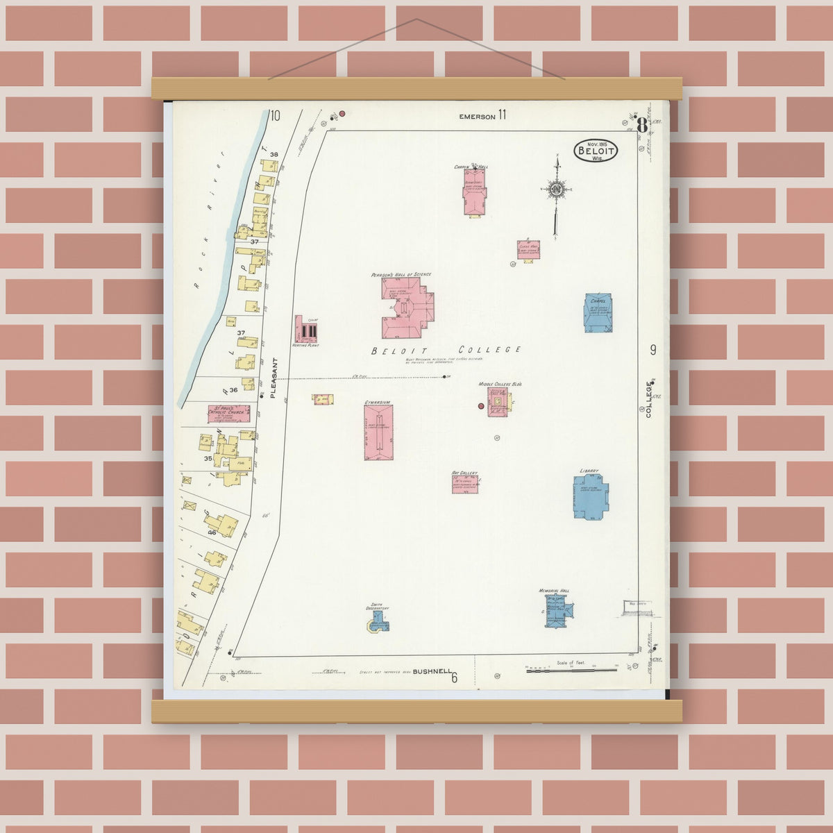 Old map wall art mockup — magnetic wood frame on brick wall — Sanborn Fire Insurance Map from Beloit, Rock County, Wisconsin (1915), Sheet #0008