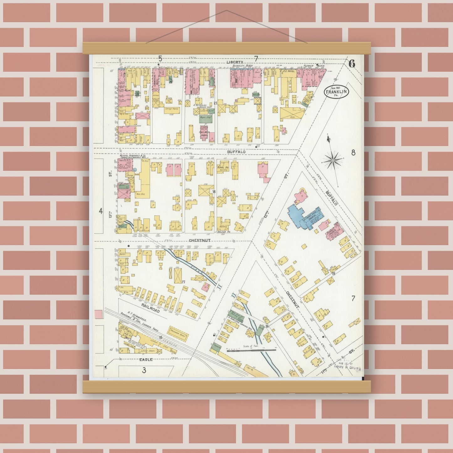Old map wall art mockup — magnetic wood frame on brick wall — Sanborn Fire Insurance Map from Franklin, Venango County, Pennsylvania (1901), Sheet #0006