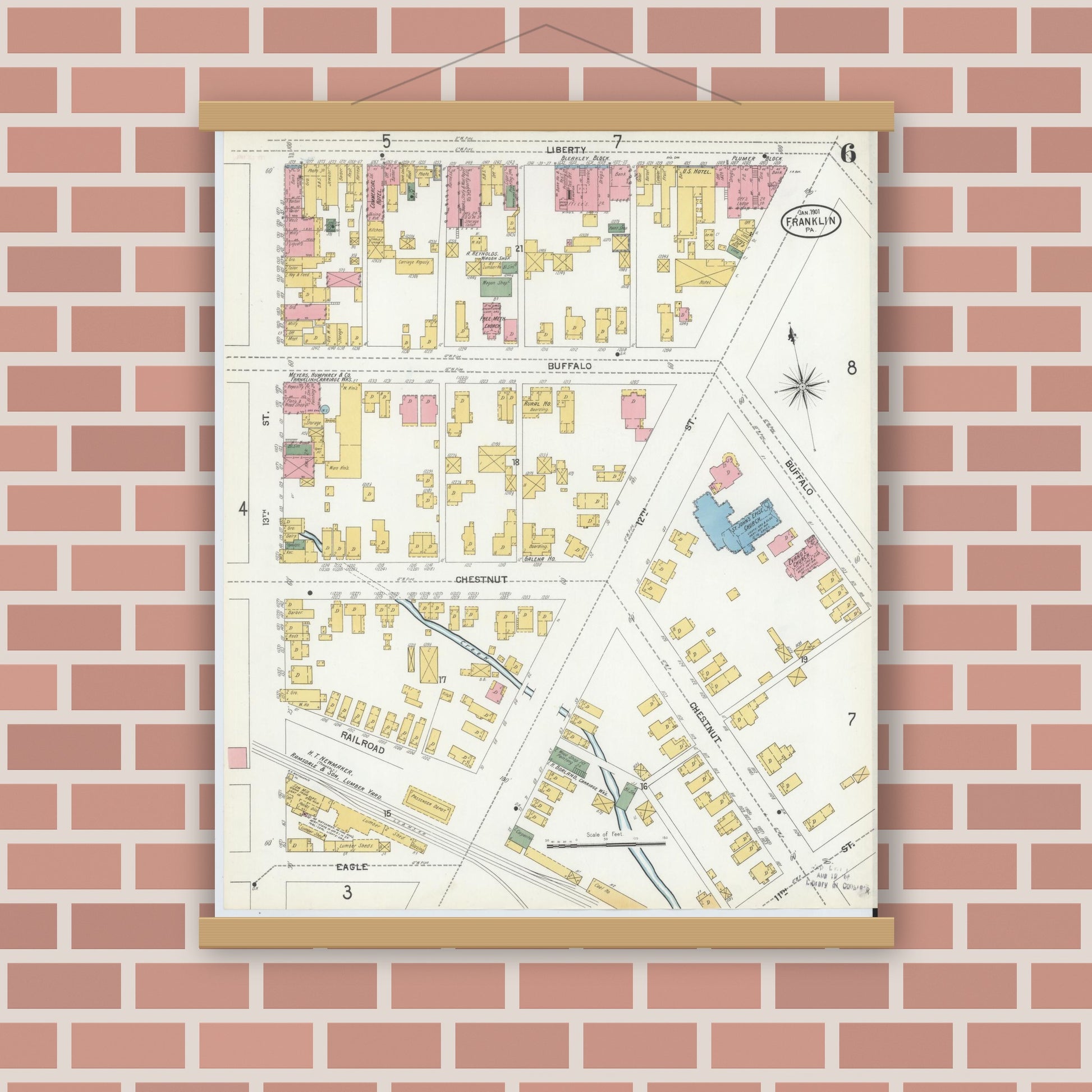 Old map wall art mockup — magnetic wood frame on brick wall — Sanborn Fire Insurance Map from Franklin, Venango County, Pennsylvania (1901), Sheet #0006