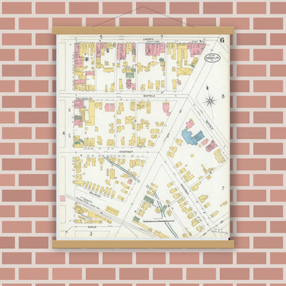 Old map wall art mockup — magnetic wood frame on brick wall — Sanborn Fire Insurance Map from Franklin, Venango County, Pennsylvania (1901), Sheet #0006