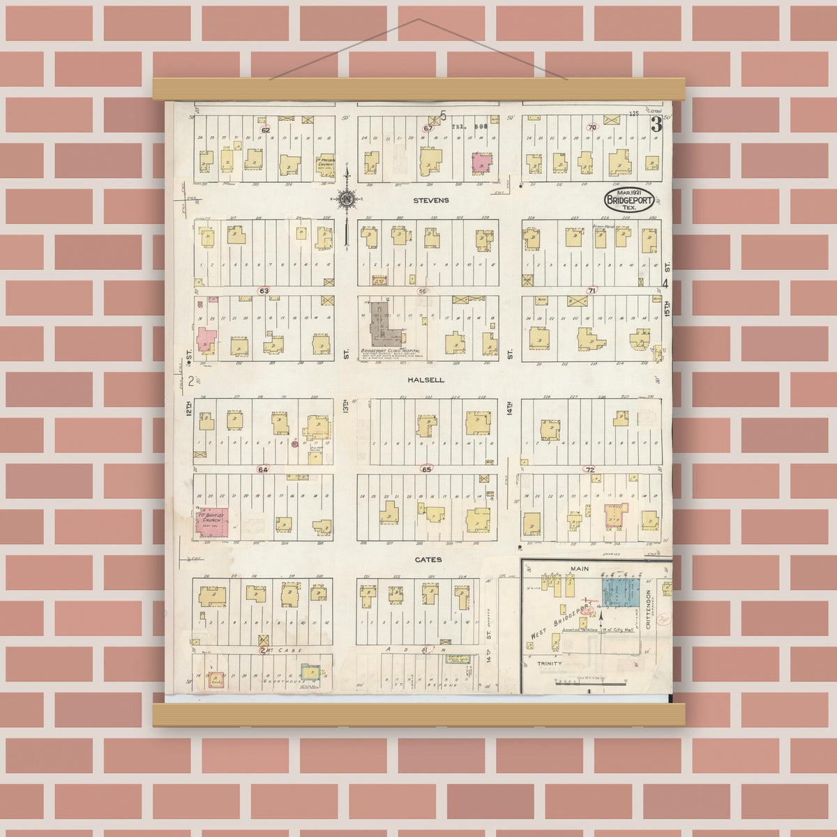 Old map wall art mockup — magnetic wood frame on brick wall — Sanborn Fire Insurance Map from Bridgeport, Wise County, Texas (1944), Sheet #0003