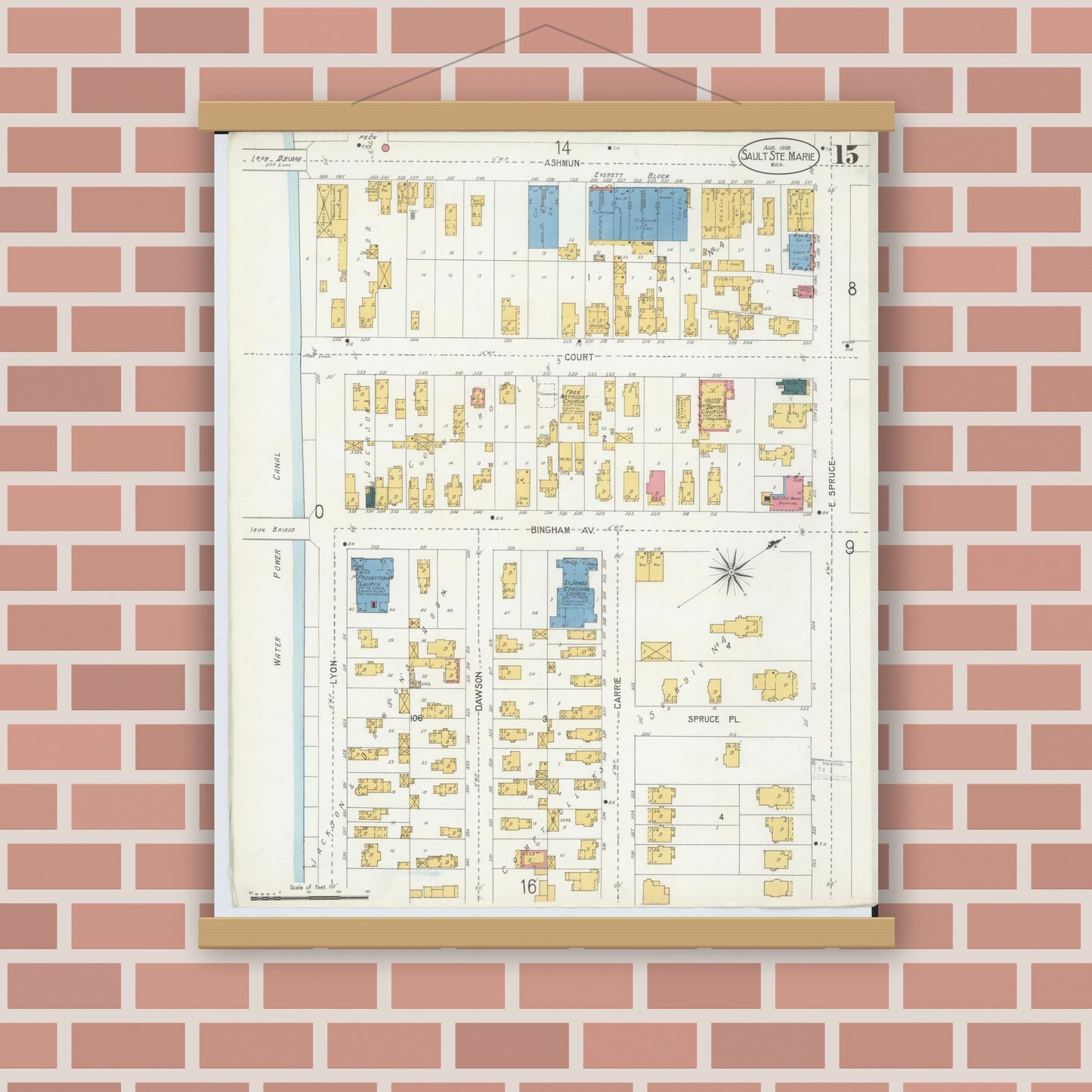 Old map wall art mockup — magnetic wood frame on brick wall — Sanborn Fire Insurance Map from Sault Sainte Marie, Chippewa County, Michigan (1906), Sheet #0015