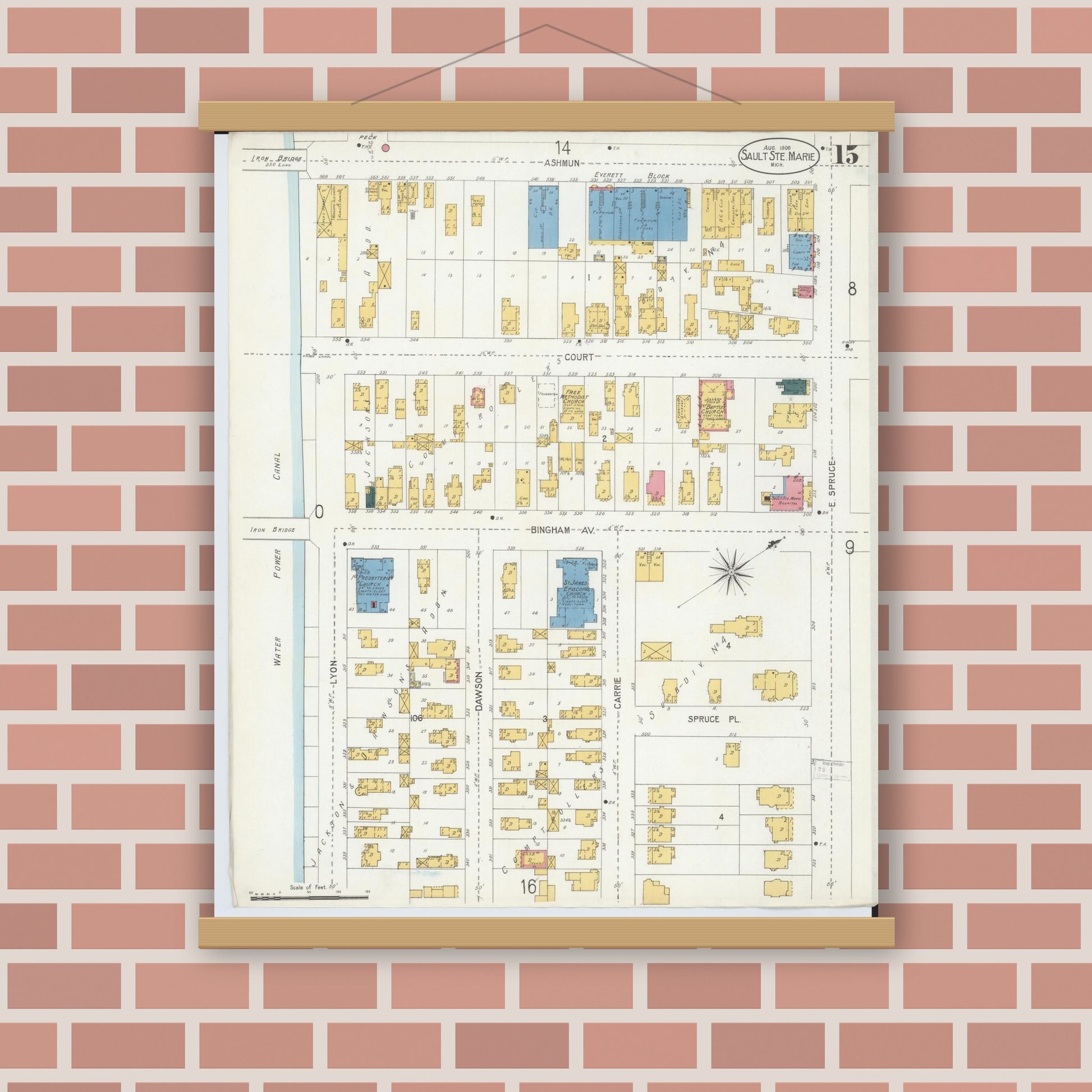 Old map wall art mockup — magnetic wood frame on brick wall — Sanborn Fire Insurance Map from Sault Sainte Marie, Chippewa County, Michigan (1906), Sheet #0015