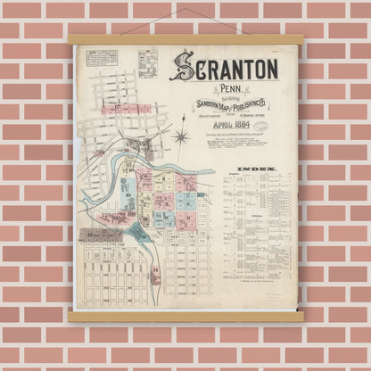 Old map wall art mockup — magnetic wood frame on brick wall — Sanborn Fire Insurance Map from Scranton, Lackawanna County, Pennsylvania (1884), Sheet #0001