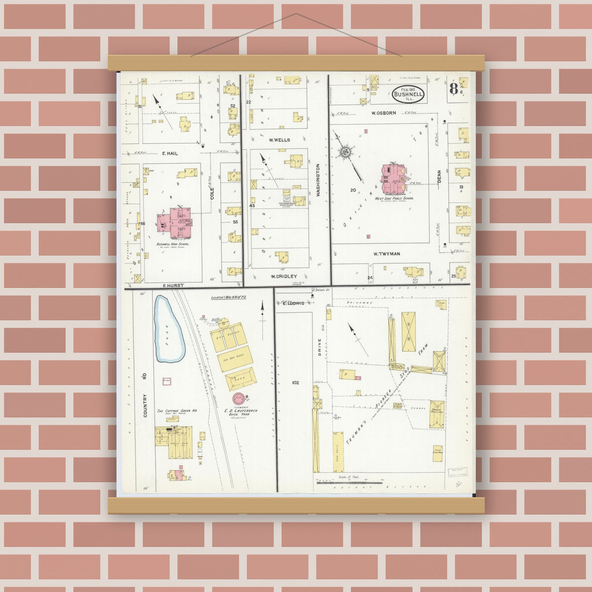Old map wall art mockup — magnetic wood frame on brick wall — Sanborn Fire Insurance Map from Bushnell, Mcdonough County, Illinois (1912), Sheet #0008