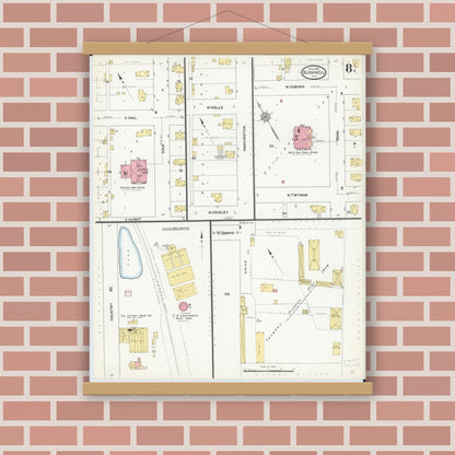 Old map wall art mockup — magnetic wood frame on brick wall — Sanborn Fire Insurance Map from Bushnell, Mcdonough County, Illinois (1912), Sheet #0008