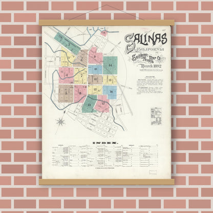 Old map wall art mockup — magnetic wood frame on brick wall — Sanborn Fire Insurance Map from Salinas, Monterey County, California (1892) - Complete Map Set