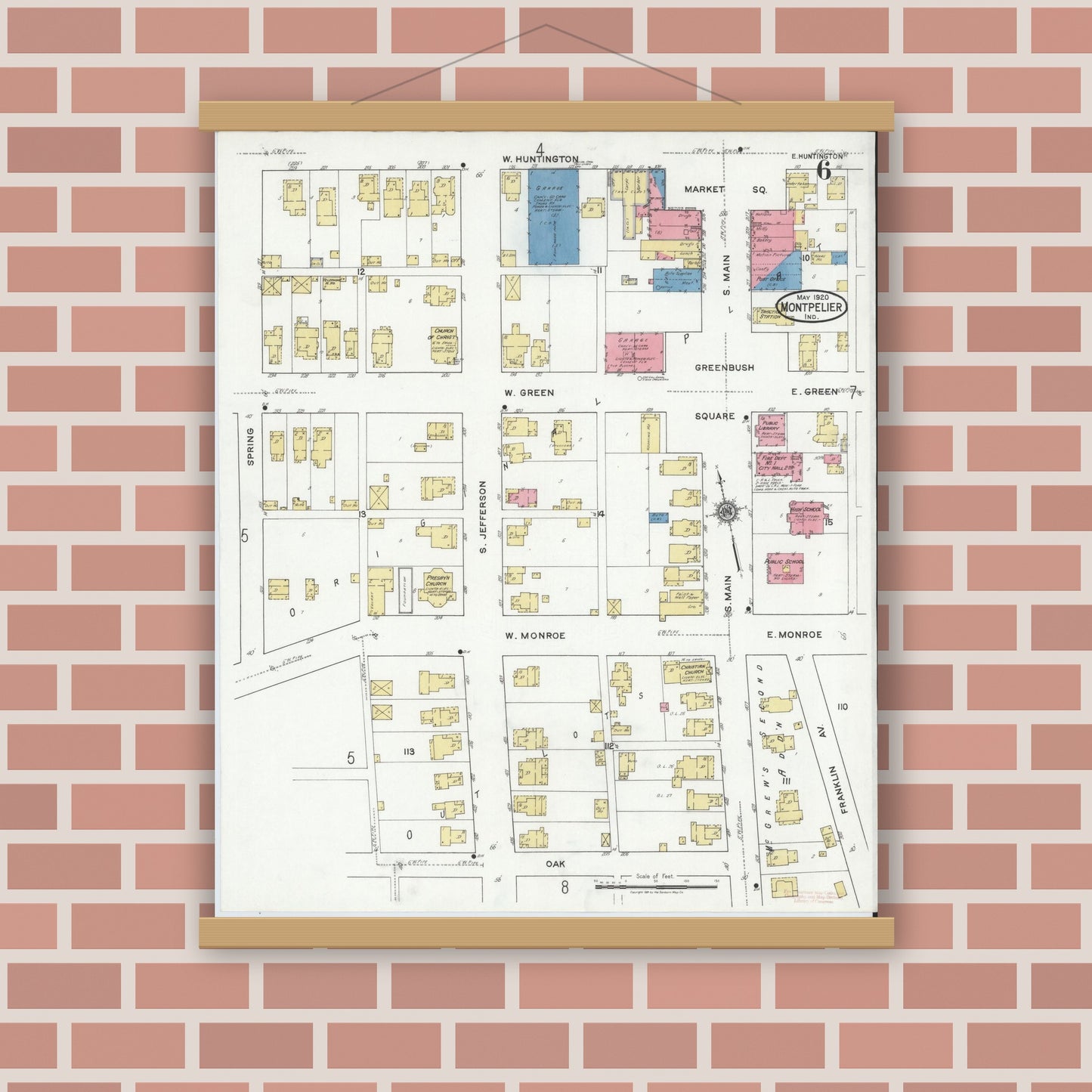Old map wall art mockup — magnetic wood frame on brick wall — Sanborn Fire Insurance Map from Montpelier, Blackford County, Indiana (1920), Sheet #0006