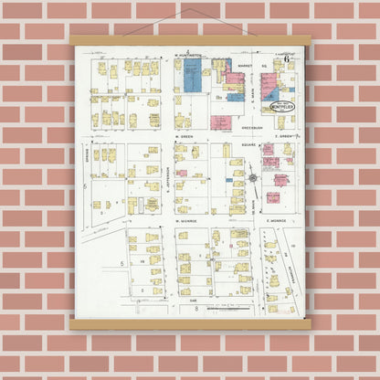 Old map wall art mockup — magnetic wood frame on brick wall — Sanborn Fire Insurance Map from Montpelier, Blackford County, Indiana (1920), Sheet #0006
