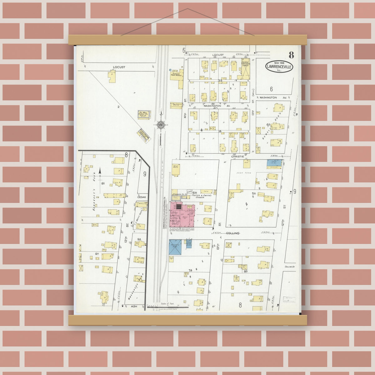 Old map wall art mockup — magnetic wood frame on brick wall — Sanborn Fire Insurance Map from Lawrenceville, Lawrence County, Illinois (1918), Sheet #0008