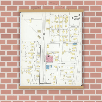 Old map wall art mockup — magnetic wood frame on brick wall — Sanborn Fire Insurance Map from Lawrenceville, Lawrence County, Illinois (1918), Sheet #0008