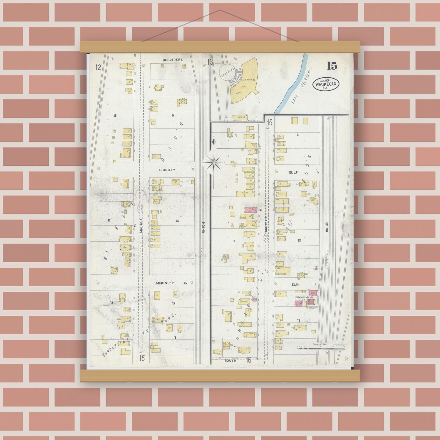Old map wall art mockup — magnetic wood frame on brick wall — Sanborn Fire Insurance Map from Waukegan, Lake County, Illinois (1906), Sheet #0015