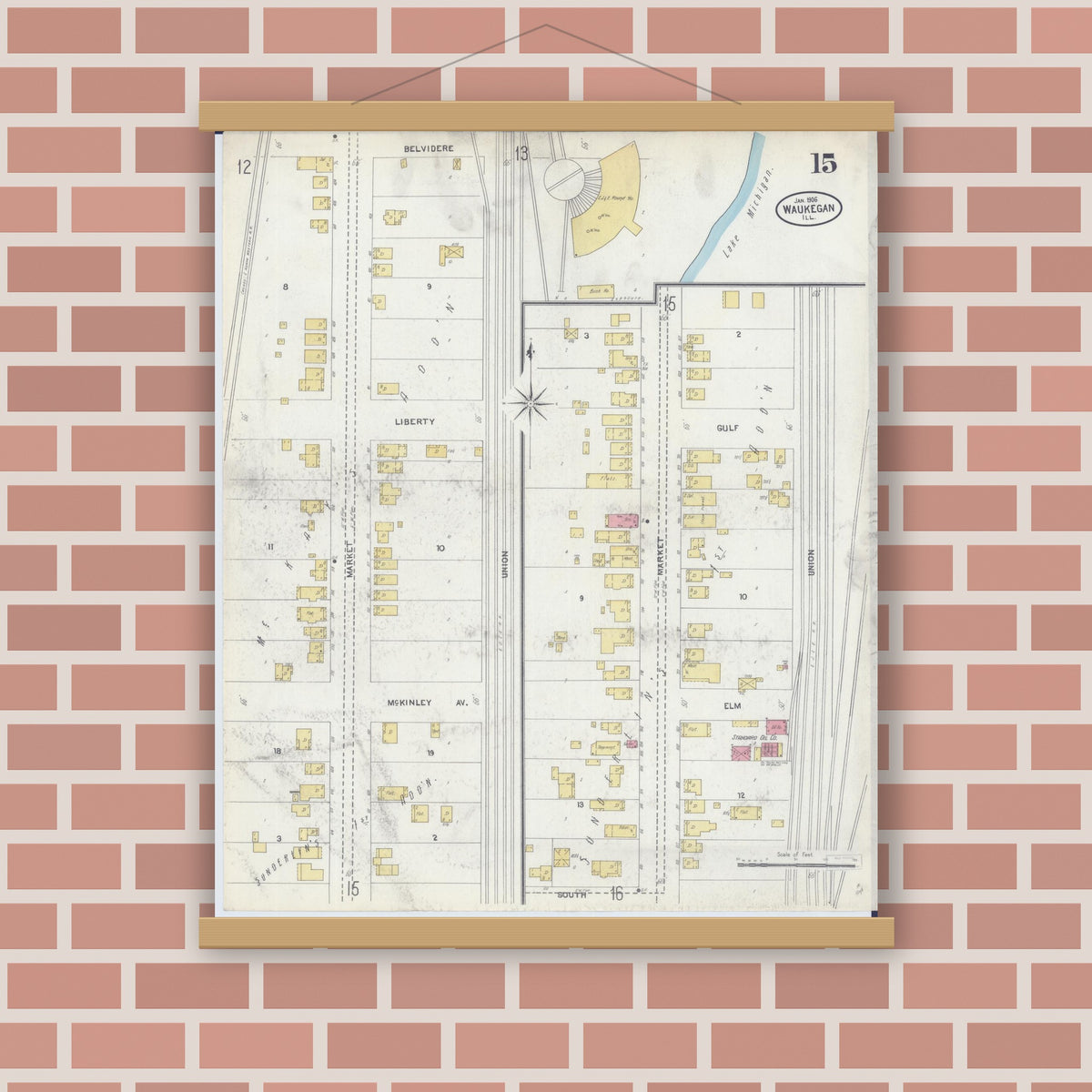 Old map wall art mockup — magnetic wood frame on brick wall — Sanborn Fire Insurance Map from Waukegan, Lake County, Illinois (1906), Sheet #0015