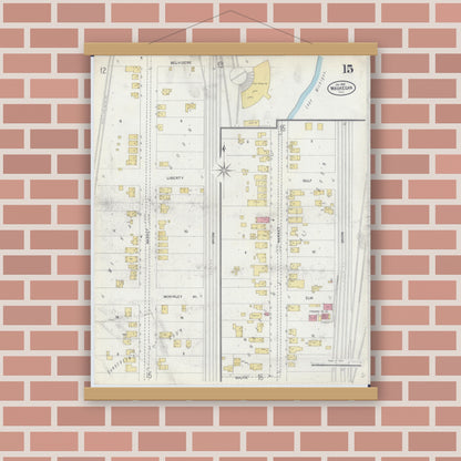 Old map wall art mockup — magnetic wood frame on brick wall — Sanborn Fire Insurance Map from Waukegan, Lake County, Illinois (1906), Sheet #0015