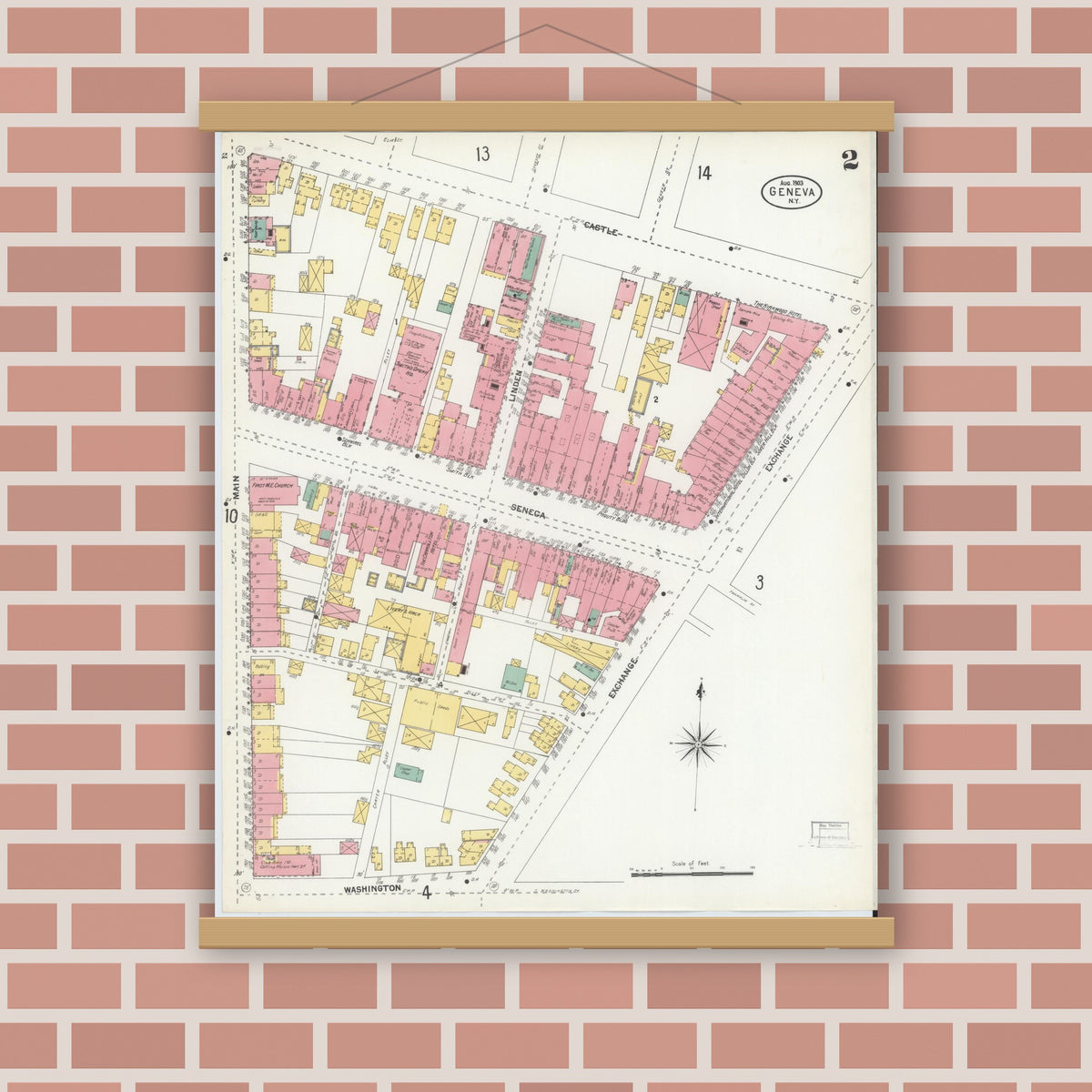 Old map wall art mockup — magnetic wood frame on brick wall — Sanborn Fire Insurance Map from Geneva, Ontario County, New York (1903), Sheet #0002