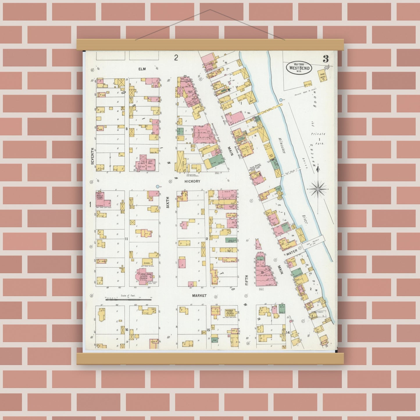 Old map wall art mockup — magnetic wood frame on brick wall — Sanborn Fire Insurance Map from West Bend, Washington County, Wisconsin (1900), Sheet #0003