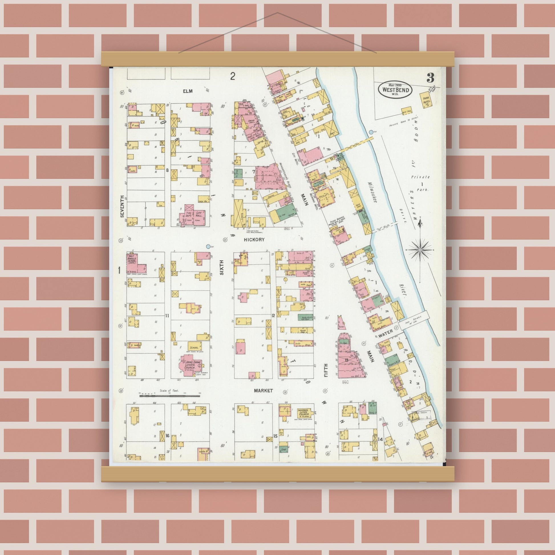 Old map wall art mockup — magnetic wood frame on brick wall — Sanborn Fire Insurance Map from West Bend, Washington County, Wisconsin (1900), Sheet #0003