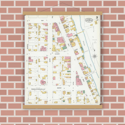 Old map wall art mockup — magnetic wood frame on brick wall — Sanborn Fire Insurance Map from West Bend, Washington County, Wisconsin (1900), Sheet #0003